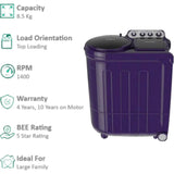 Whirlpool 8.5 Kg ACE 8.5 TRB DRY Purple Dazzle (10YR)-NH (30308) 5 Star Super Soak & Turbo Dry Technology Rat Protection with 3D Lint Filter Semi Automatic Top Loading Washing Machine (2024 Model, Purple Dazzle)