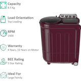 Whirlpool 8.5 Kg ACE 8.5 TRB DRY Wine Dazzle (10YR)-NH (30309) 5 Star Super Soak & Turbo Dry Technology Rat Protection with 3D Lint Filter Semi Automatic Top Loading Washing Machine (2024 Model, Wine Dazzle)