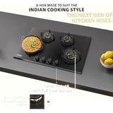 Hindware KA Hob Hazel 4B 86 CM (522599) 4 Burner Metallic Knob Toughened Glass Flame Guard Auto Ignition Automatic HOB (Black)