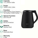 Havells 1.2 L GHBKTATK125 Aqua Black Plus 1.2 Ltr 1250 W, Double Layered Cool304 Rust Resistant SS Inner Body with Auto Shut Off 1500 W Electric Kettle (Aqua Black)