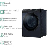 Haier 8.0 Kg HW80-IM12929CBK 5 Star High Strength Welding Super Drum, PuriSteam, Anti Bacterial Technology Inverter Motor Wifi with In-built Heater Fully Automatic Front Loading Washing Machine (2024 Model, Black)