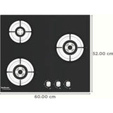 Hindware KA Hob Nora Plus 3B 60 CM (517504) 3 Burner Bakelite Knob Toughened Glass Top Auto Ignition Automatic HOB (Black)